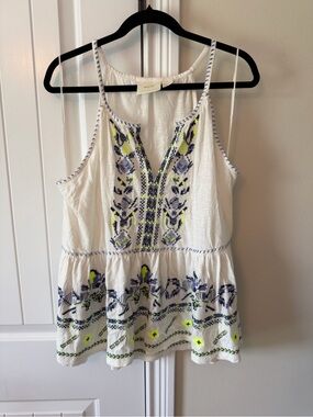 Maeve by Anthropologie Embroidered White Tank Top with Blue & Neon Accents